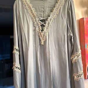 Hayden Los Angeles - slate blue Dress with Cream Lace Trim - LOOKS AMAZING ON!